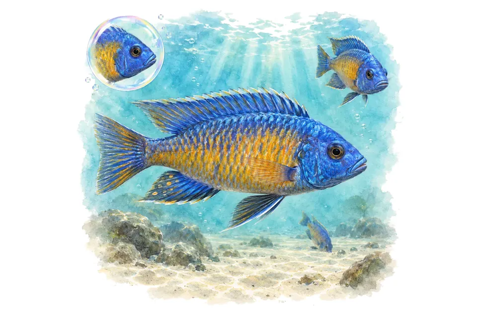 Aquarelle : Aulonocara de Stuart Grant (Aulonocara stuartgranti) dans une eau turquoise lumineuse, avec une vue de trois quarts et un détail dans une bulle.
