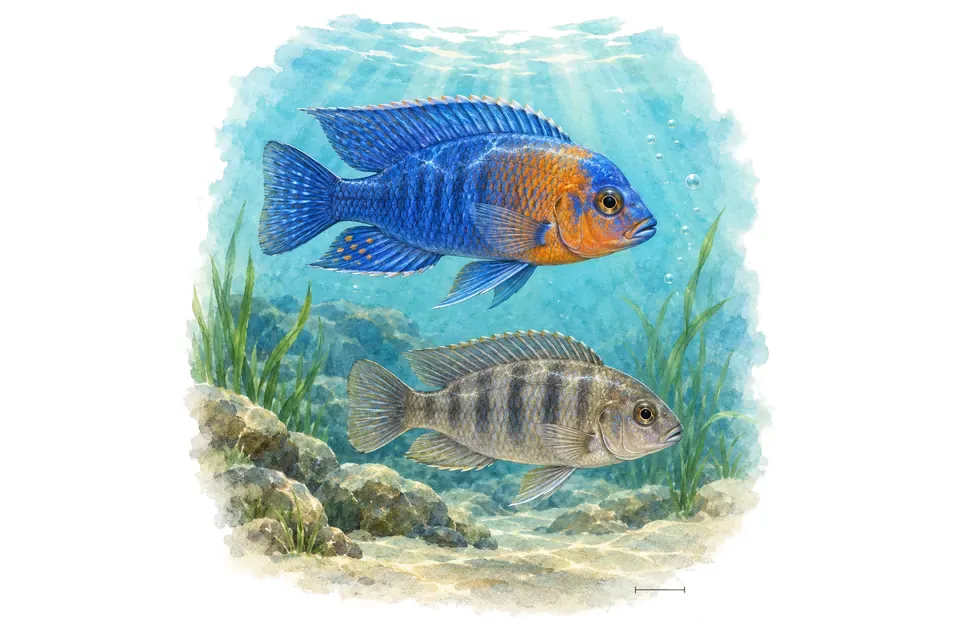 Aquarelle : Aulonocara de Jacobfreiberg, mâle et femelle l'un au-dessus de l'autre dans une eau turquoise.