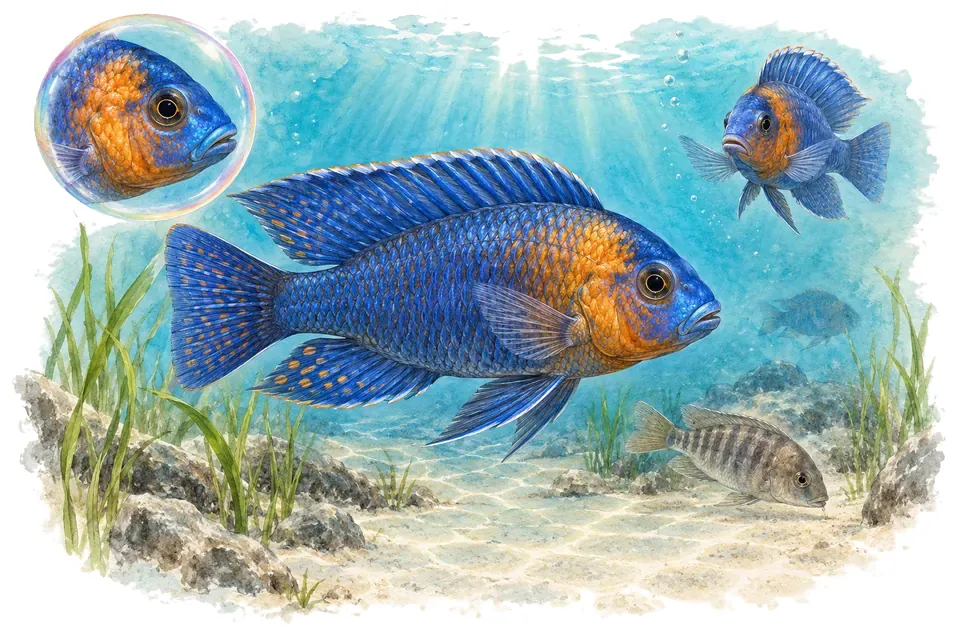 Aquarelle : Aulonocara de Jacobfreiberg (Aulonocara jacobfreibergi) dans une eau turquoise lumineuse, avec une vue de trois quarts et un détail dans une bulle.