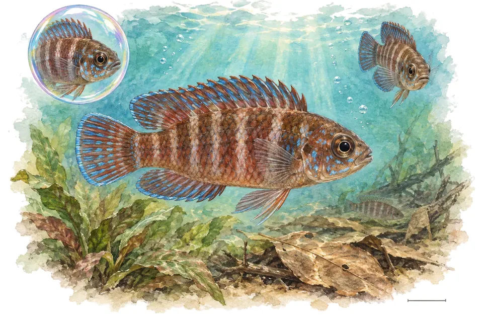 Aquarelle : Badis bleu (Badis badis) dans une eau turquoise lumineuse, avec une vue de trois quarts et un détail dans une bulle.