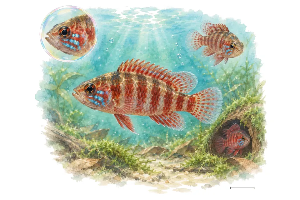 Aquarelle : Badis du Myanmar (Dario hysginon) dans une eau turquoise lumineuse, avec une vue de trois quarts et un détail dans une bulle.