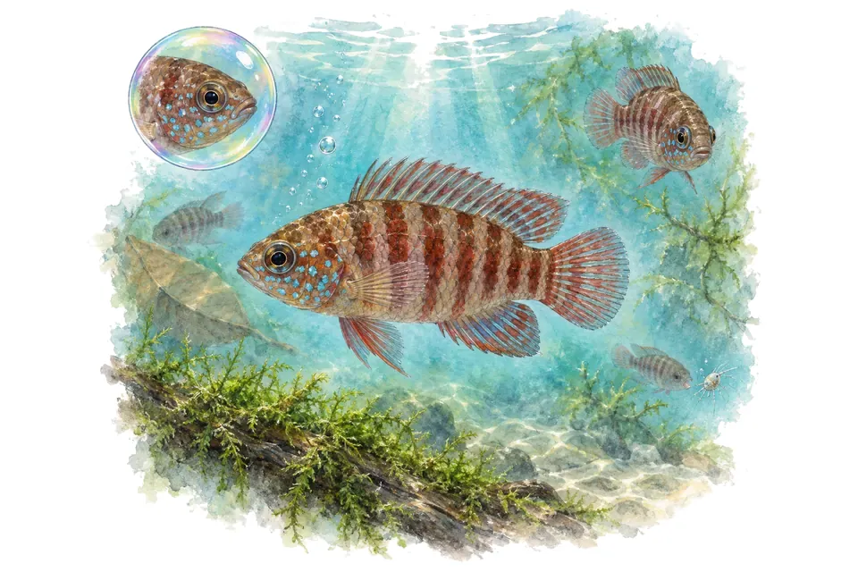 Aquarelle : Badis nain (Badis corycaeus) dans une eau turquoise lumineuse, avec une vue de trois quarts et un détail dans une bulle.