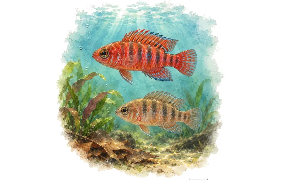 Aquarelle : Badis rouge, mâle et femelle l'un au-dessus de l'autre dans une eau turquoise.