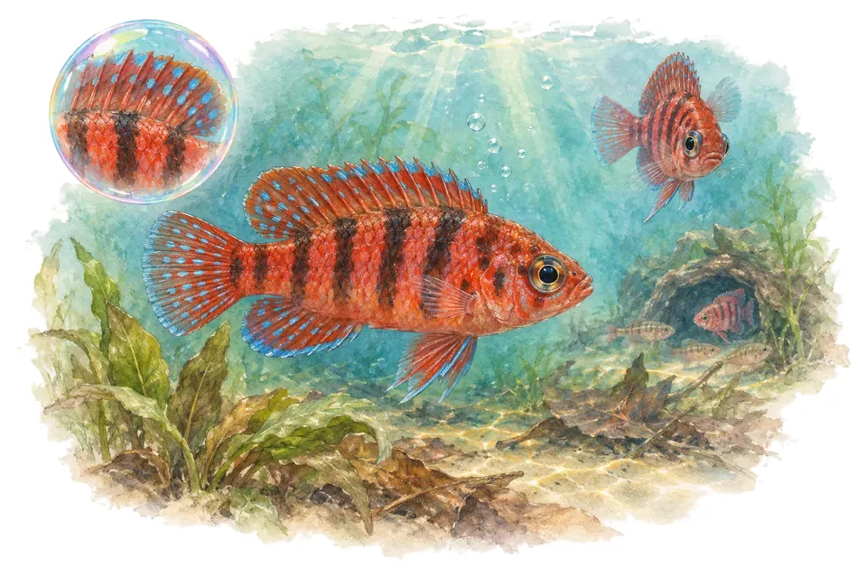 Aquarelle : Badis rouge (Dario dario) dans une eau turquoise lumineuse, avec une vue de trois quarts et un détail dans une bulle.