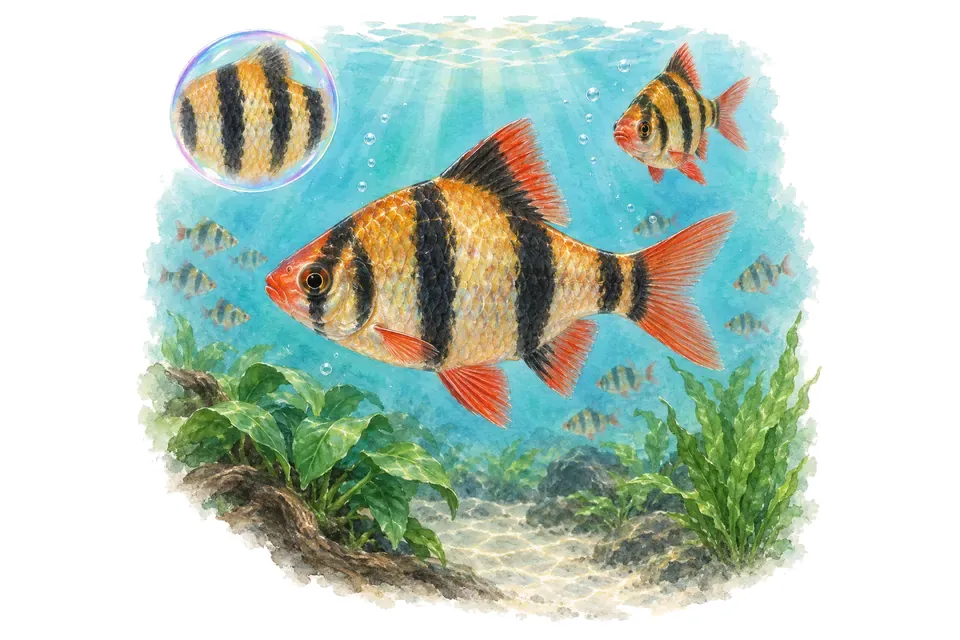 Aquarelle : Barbus de Sumatra (Puntigrus tetrazona) dans une eau turquoise lumineuse, avec une vue de trois quarts et un détail dans une bulle.