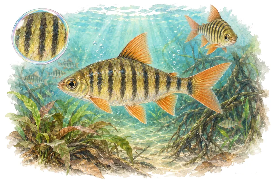 Aquarelle : Barbus à bandes de Johor (Desmopuntius johorensis) dans une eau turquoise lumineuse, avec une vue de trois quarts et un détail dans une bulle.