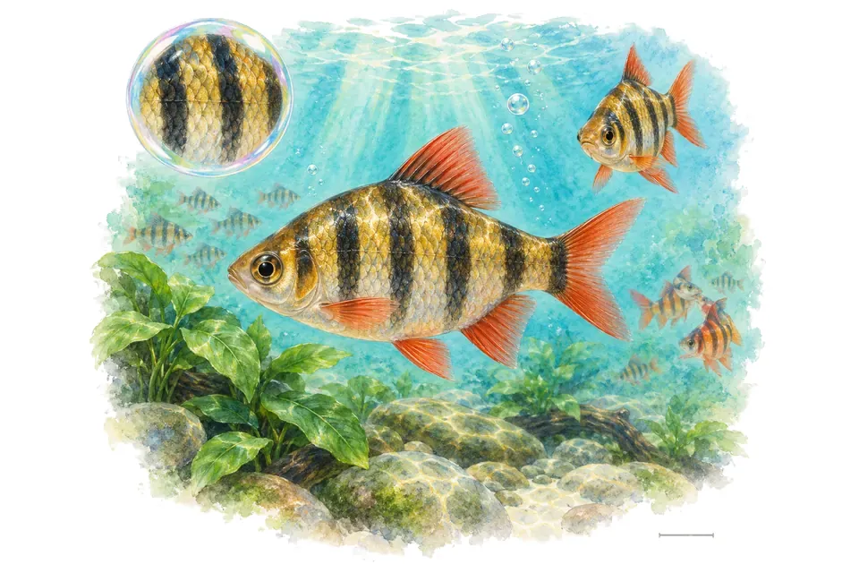 Aquarelle : Barbus à bandes du Kerala (Haludaria fasciata) dans une eau turquoise lumineuse, avec une vue de trois quarts et un détail dans une bulle.