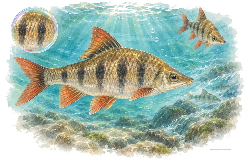 Aquarelle : Barbus à bandes du Sri Lanka (Puntius dorsalis) dans une eau turquoise lumineuse, avec une vue de trois quarts et un détail dans une bulle.