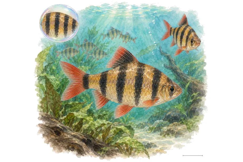 Aquarelle : Barbus à cinq bandes (Puntigrus partipentazona) dans une eau turquoise lumineuse, avec une vue de trois quarts et un détail dans une bulle.