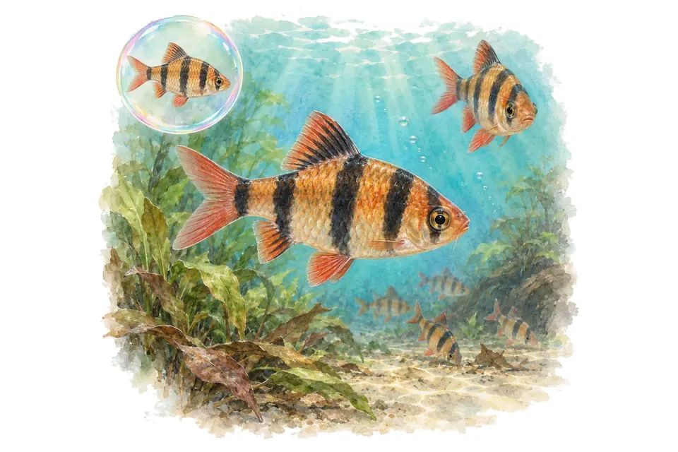 Aquarelle : Barbus à cinq bandes (Desmopuntius pentazona) dans une eau turquoise lumineuse, avec une vue de trois quarts et un détail dans une bulle.