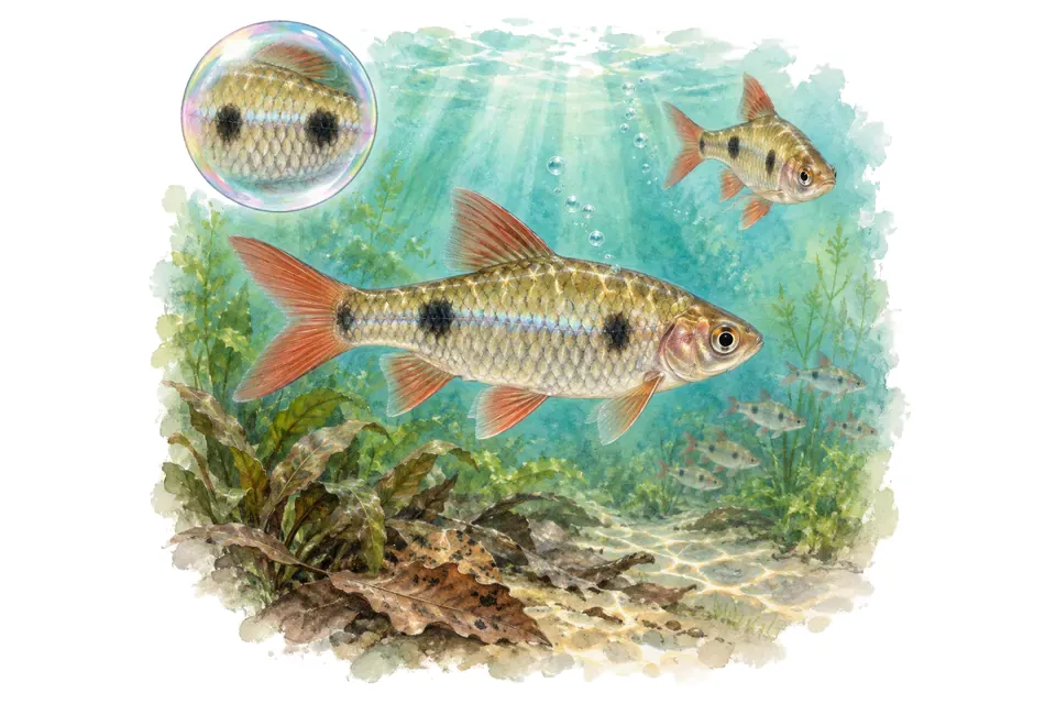 Aquarelle : Barbus à deux taches (Puntius bimaculatus) dans une eau turquoise lumineuse, avec une vue de trois quarts et un détail dans une bulle.