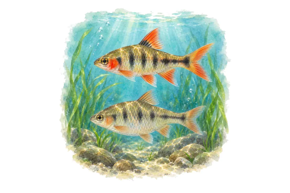 Aquarelle : Barbus à joues rouges, mâle et femelle l'un au-dessus de l'autre dans une eau turquoise.