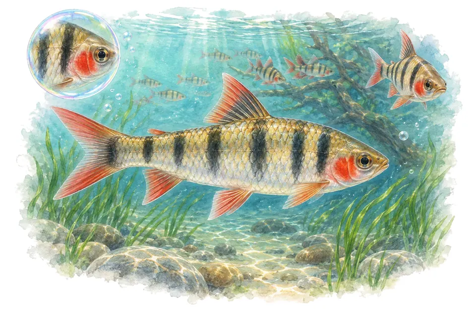 Aquarelle : Barbus à joues rouges (Dawkinsia assimilis) dans une eau turquoise lumineuse, avec une vue de trois quarts et un détail dans une bulle.