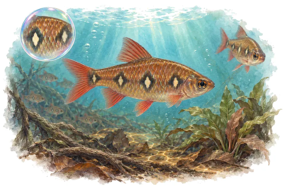 Aquarelle : Barbus à ocelles (Desmopuntius rhomboocellatus) dans une eau turquoise lumineuse, avec une vue de trois quarts et un détail dans une bulle.
