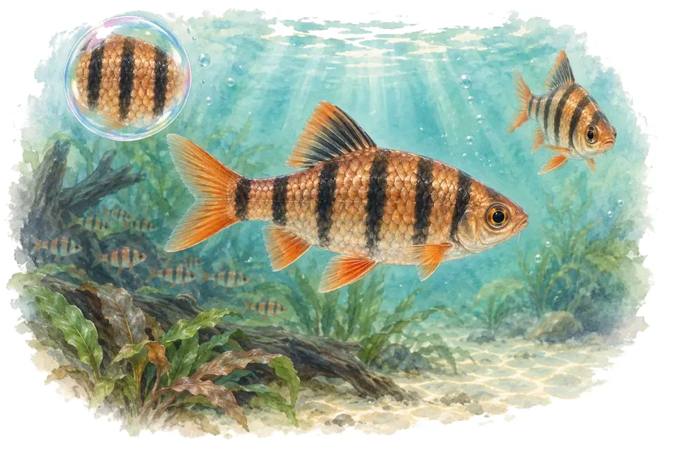 Aquarelle : Barbus à six bandes (Desmopuntius hexazona) dans une eau turquoise lumineuse, avec une vue de trois quarts et un détail dans une bulle.