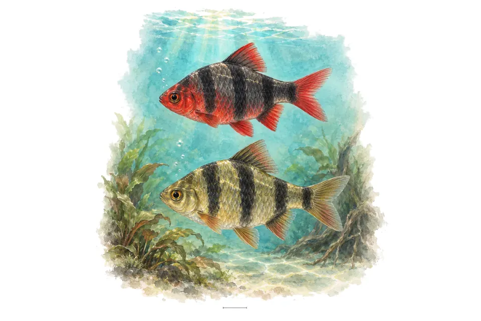 Aquarelle : Barbus à tête noire, mâle et femelle l'un au-dessus de l'autre dans une eau turquoise.