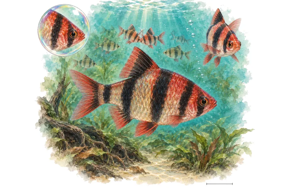 Aquarelle : Barbus à tête noire (Pethia nigrofasciata) dans une eau turquoise lumineuse, avec une vue de trois quarts et un détail dans une bulle.