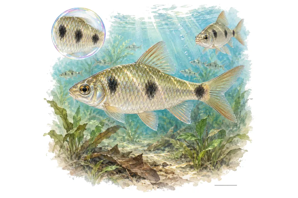 Aquarelle : Barbus à trois taches (Pethia stoliczkana) dans une eau turquoise lumineuse, avec une vue de trois quarts et un détail dans une bulle.