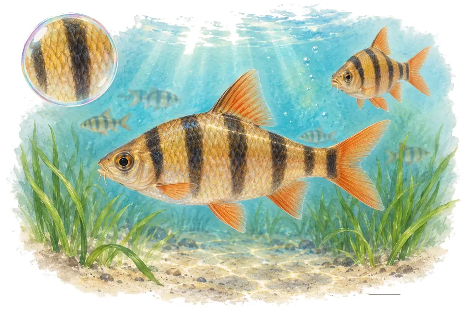 Aquarelle : Barbus africain à bandes (Enteromius fasciolatus) dans une eau turquoise lumineuse, avec une vue de trois quarts et un détail dans une bulle.