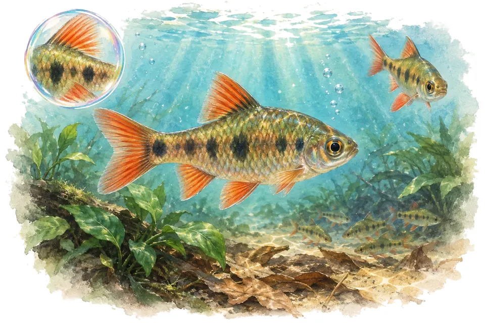 Aquarelle : Barbus africain rouge (Enteromius jae) dans une eau turquoise lumineuse, avec une vue de trois quarts et un détail dans une bulle.