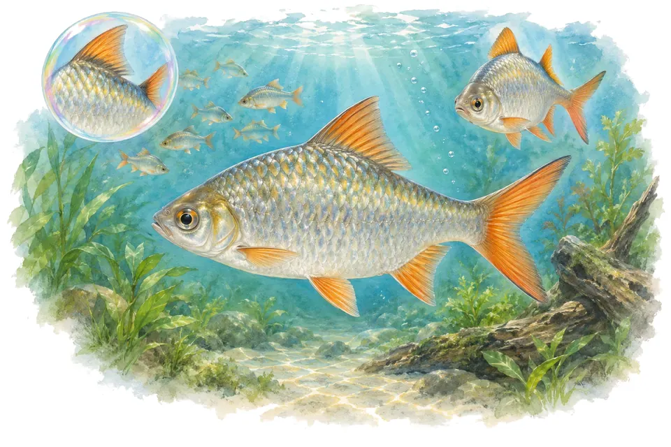 Aquarelle : Barbus argenté du Mékong (Barbonymus gonionotus) dans une eau turquoise lumineuse, avec une vue de trois quarts et un détail dans une bulle.
