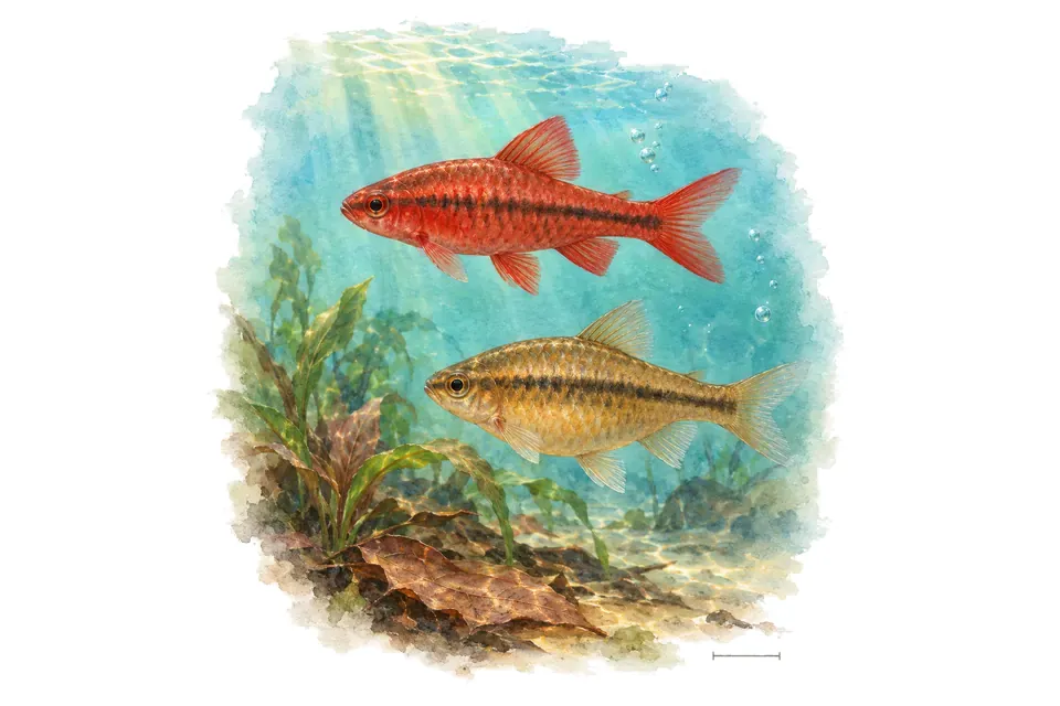 Aquarelle : Barbus cerise, mâle et femelle l'un au-dessus de l'autre dans une eau turquoise.