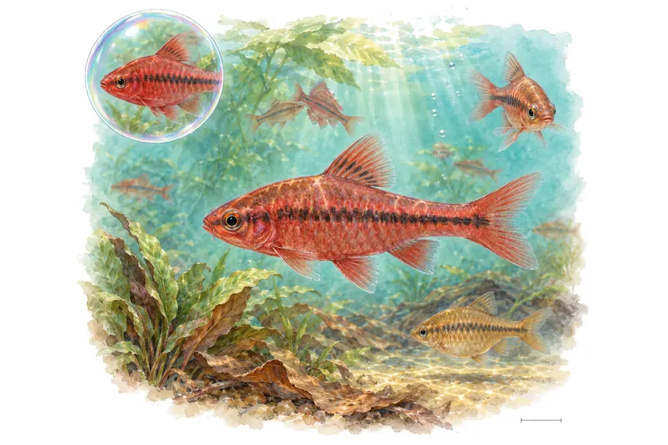 Aquarelle : Barbus cerise (Puntius titteya) dans une eau turquoise lumineuse, avec une vue de trois quarts et un détail dans une bulle.