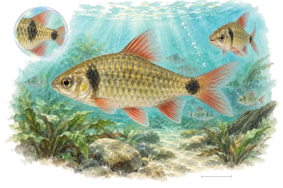 Aquarelle : Barbus de Cuming (Pethia cumingii) dans une eau turquoise lumineuse, avec une vue de trois quarts et un détail dans une bulle.