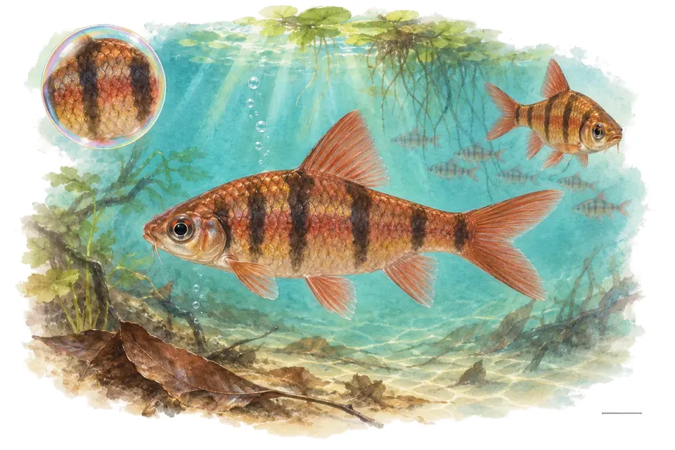 Aquarelle : Barbus de Foersch (Desmopuntius foerschi) dans une eau turquoise lumineuse, avec une vue de trois quarts et un détail dans une bulle.