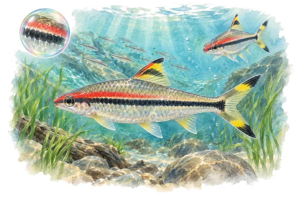 Aquarelle : Barbus denisonii (Sahyadria denisonii) dans une eau turquoise lumineuse, avec une vue de trois quarts et un détail dans une bulle.