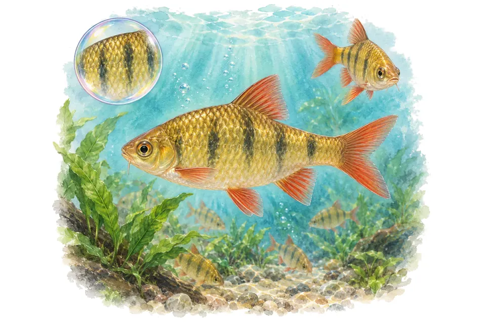Aquarelle : Barbus doré (Barbodes semifasciolatus) dans une eau turquoise lumineuse, avec une vue de trois quarts et un détail dans une bulle.