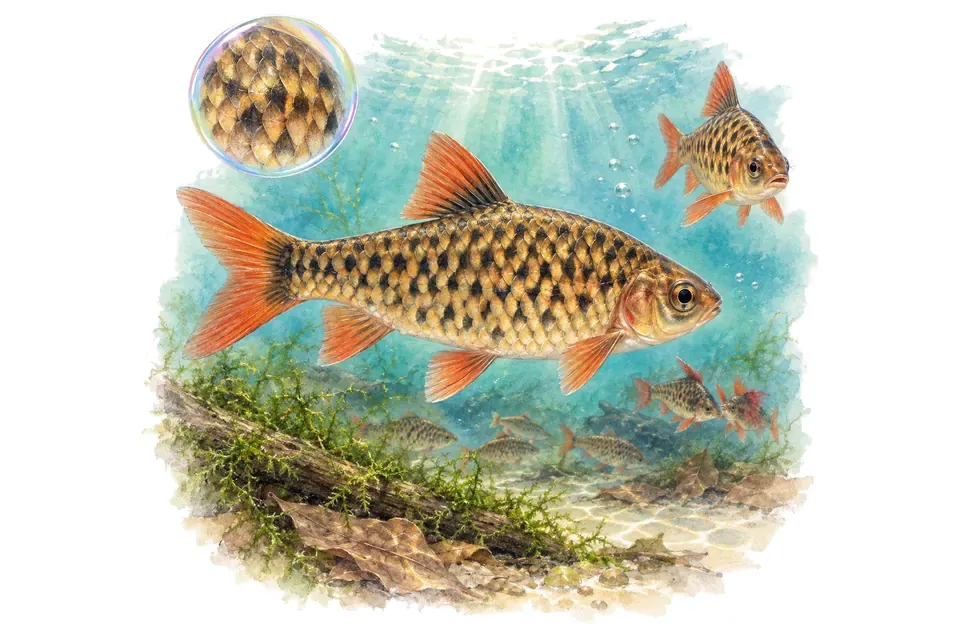 Aquarelle : Barbus doré à taches (Oliotius oligolepis) dans une eau turquoise lumineuse, avec une vue de trois quarts et un détail dans une bulle.