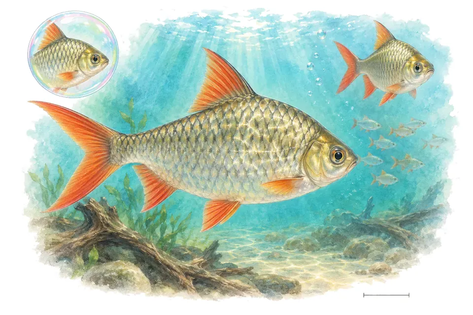 Aquarelle : Barbus doré d'Asie (Barbonymus altus) dans une eau turquoise lumineuse, avec une vue de trois quarts et un détail dans une bulle.