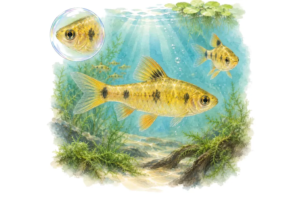 Aquarelle : Barbus doré nain (Pethia gelius) dans une eau turquoise lumineuse, avec une vue de trois quarts et un détail dans une bulle.
