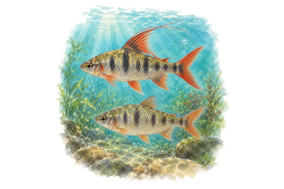 Aquarelle : Barbus à filaments, mâle et femelle l'un au-dessus de l'autre dans une eau turquoise.