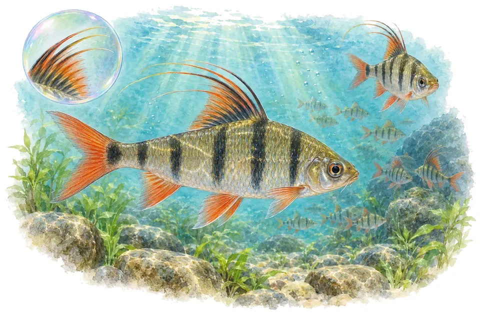 Aquarelle : Barbus à filaments (Dawkinsia filamentosa) dans une eau turquoise lumineuse, avec une vue de trois quarts et un détail dans une bulle.