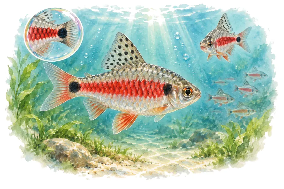Aquarelle : Barbus d’Odessa (Pethia padamya) dans une eau turquoise lumineuse, avec une vue de trois quarts et un détail dans une bulle.
