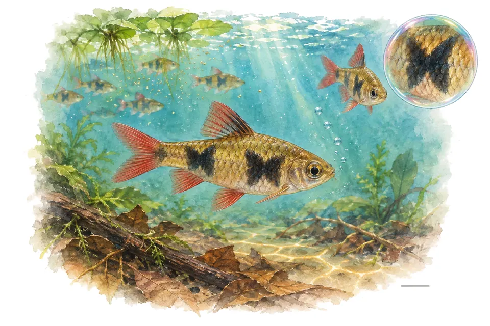 Aquarelle : Barbus papillon africain (Enteromius hulstaerti) dans une eau turquoise lumineuse, avec une vue de trois quarts et un détail dans une bulle.