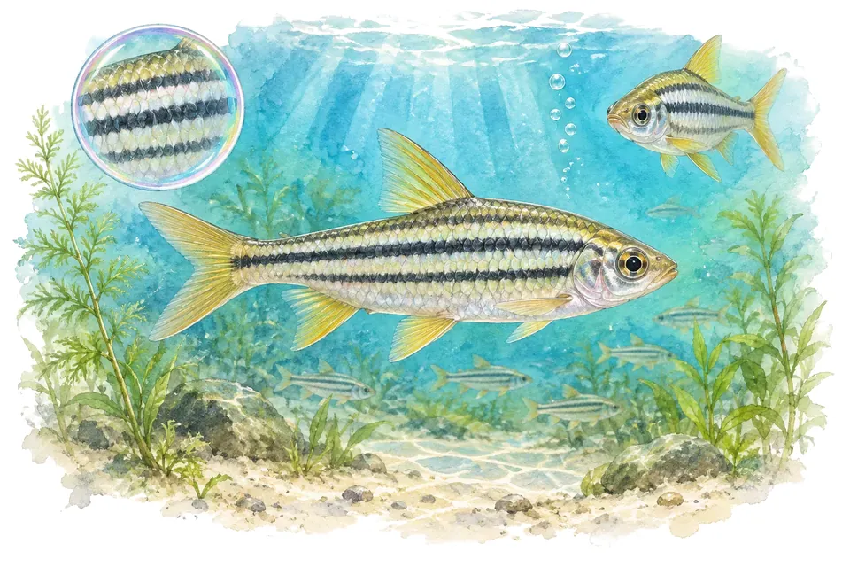 Aquarelle : Barbus rayé (Striuntius lineatus) dans une eau turquoise lumineuse, avec une vue de trois quarts et un détail dans une bulle.