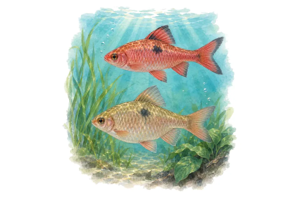 Aquarelle : Barbus rosé, mâle et femelle l'un au-dessus de l'autre dans une eau turquoise.