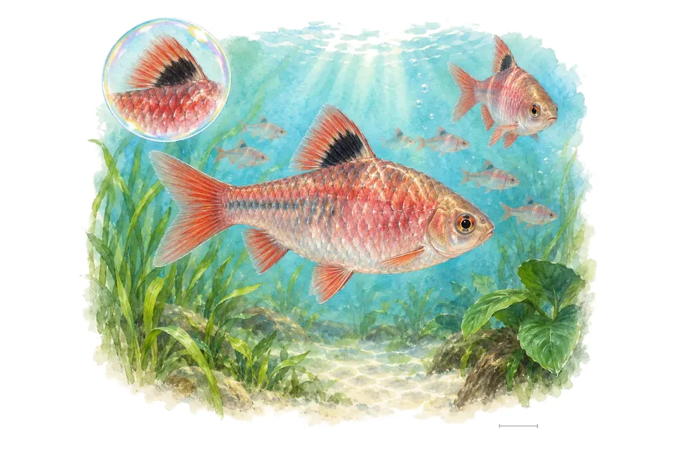 Aquarelle : Barbus rosé (Pethia conchonius) dans une eau turquoise lumineuse, avec une vue de trois quarts et un détail dans une bulle.