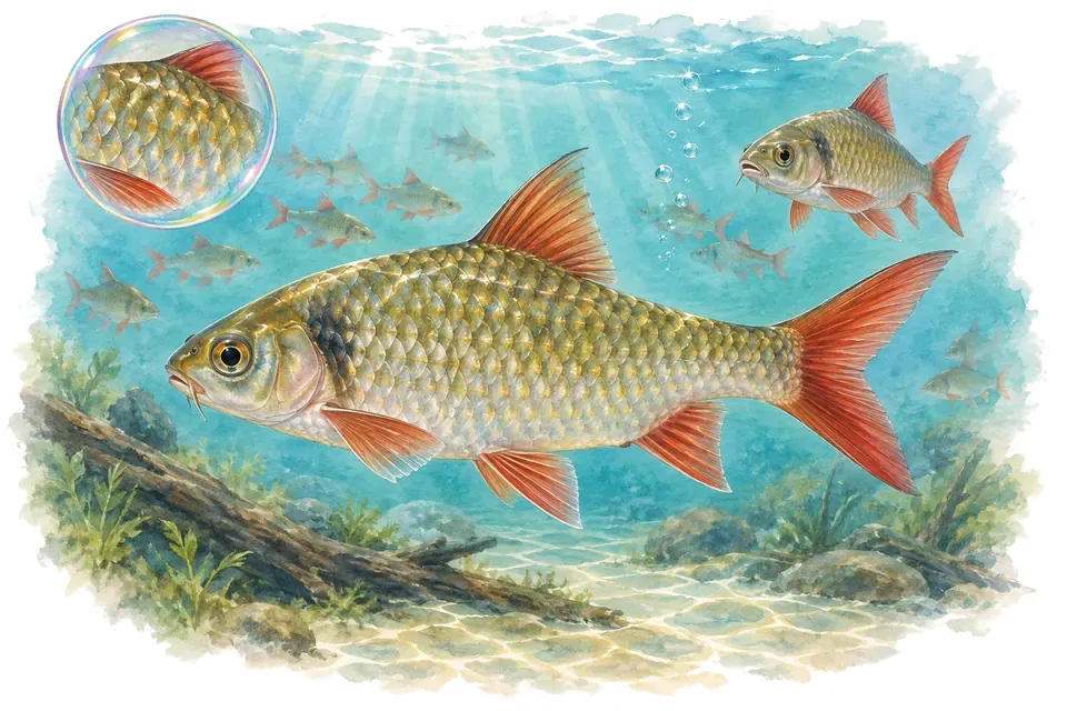 Aquarelle : Barbus sarana (Systomus sarana) dans une eau turquoise lumineuse, avec une vue de trois quarts et un détail dans une bulle.