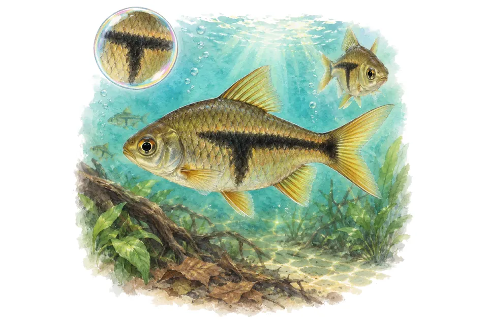 Aquarelle : Barbus T (Striuntius lateristriga) dans une eau turquoise lumineuse, avec une vue de trois quarts et un détail dans une bulle.