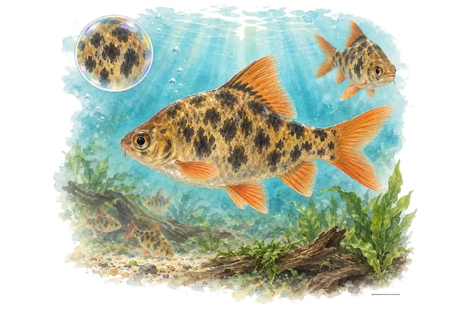 Aquarelle : Barbus tacheté d'Everett (Barbodes everetti) dans une eau turquoise lumineuse, avec une vue de trois quarts et un détail dans une bulle.