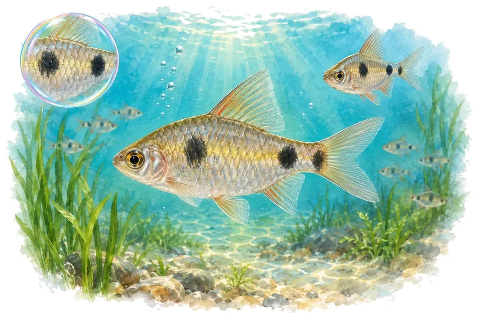 Aquarelle : Barbus ticto (Pethia ticto) dans une eau turquoise lumineuse, avec une vue de trois quarts et un détail dans une bulle.