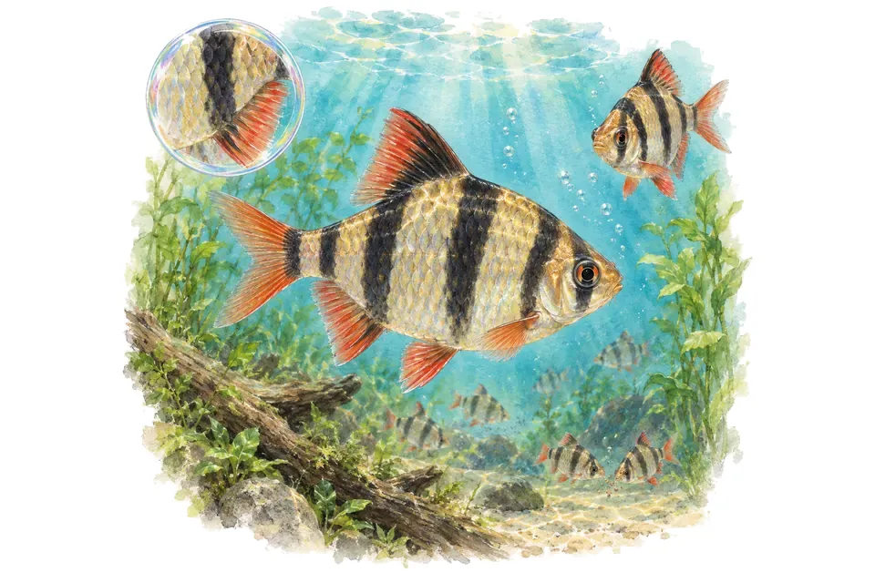 Aquarelle : Barbus tigre de Bornéo (Puntigrus anchisporus) dans une eau turquoise lumineuse, avec une vue de trois quarts et un détail dans une bulle.