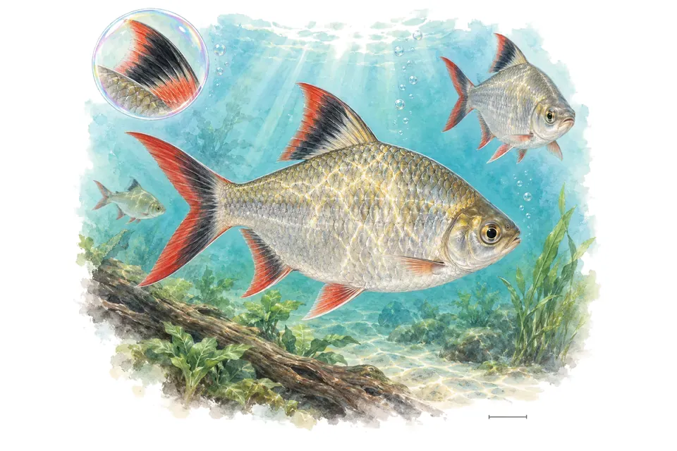 Aquarelle : Barbus tinfoil (Barbonymus schwanenfeldii) dans une eau turquoise lumineuse, avec une vue de trois quarts et un détail dans une bulle.
