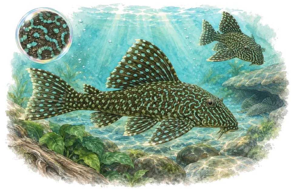 Aquarelle : Baryancistrus diamant (Baryancistrus demantoides) dans une eau turquoise lumineuse, avec une vue de trois quarts et un détail dans une bulle.