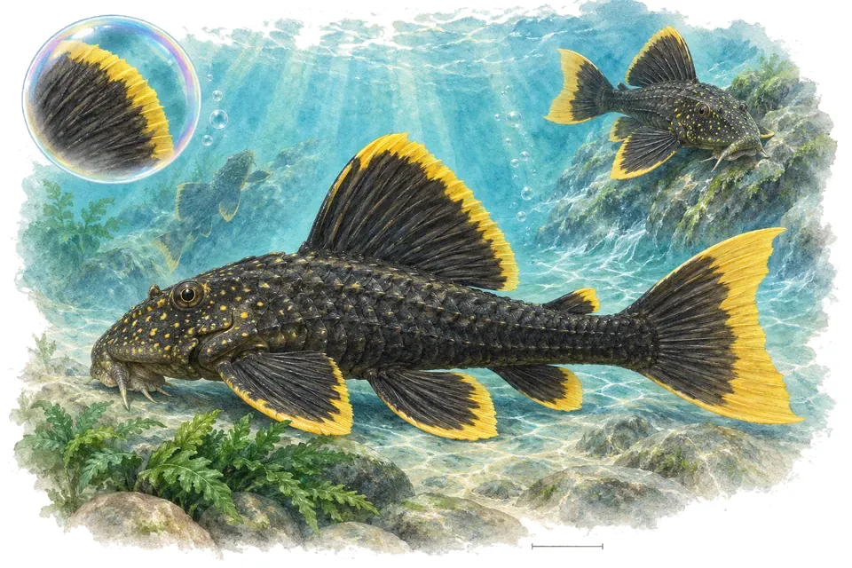 Aquarelle : Baryancistrus doré (Baryancistrus xanthellus) dans une eau turquoise lumineuse, avec une vue de trois quarts et un détail dans une bulle.