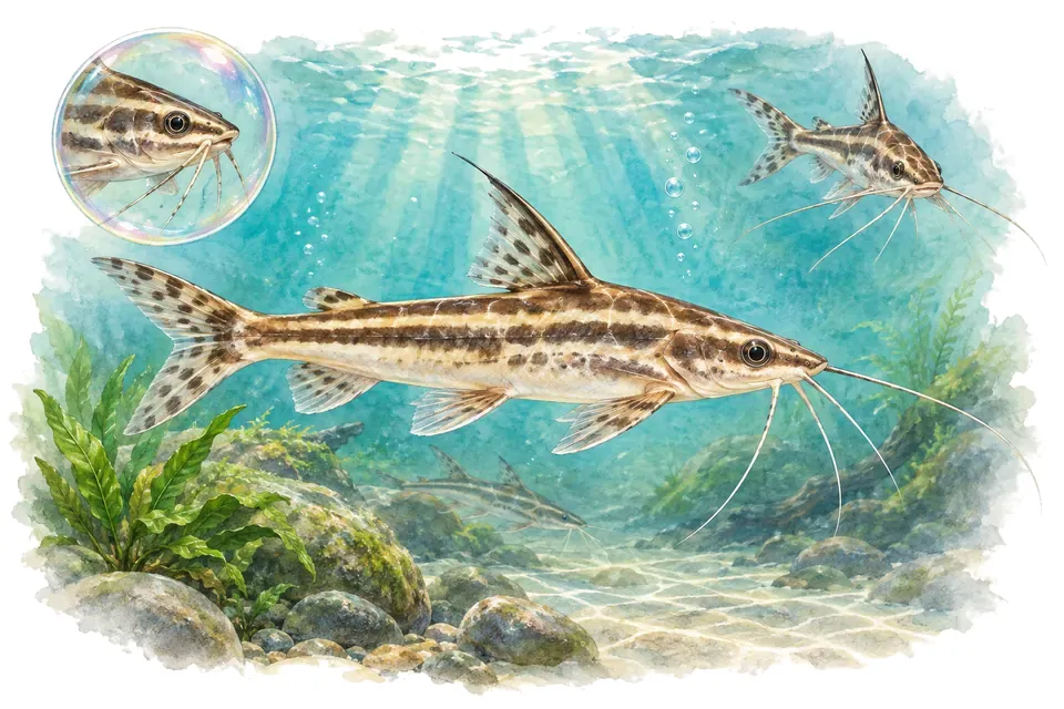 Aquarelle : Batasio tengana (Batasio tengana) dans une eau turquoise lumineuse, avec une vue de trois quarts et un détail dans une bulle.